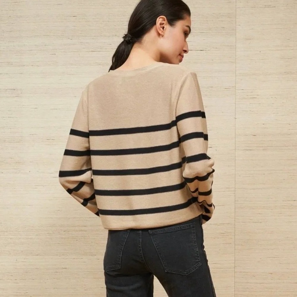 La Ligne Serge Cardigan Medium Tan Black Striped V-Neck Button Front Lightweight - Picture 3 of 13
